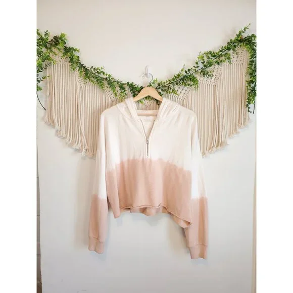 Aerie Cropped Quarter Zip Ombre Long Sleeve Raw Hem Relaxed Hoodie, Size Medium - Picture 2 of 6